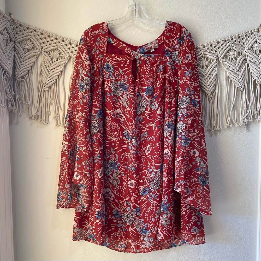Umgee Women's Tunic Dress Large Rust Orange Floral Bell Size XL Keyhole Lined